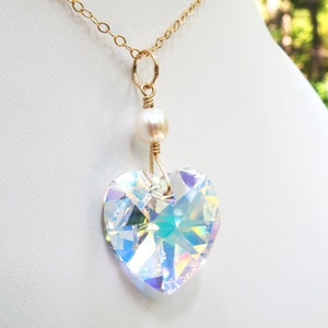 Crystal Heart Necklace, Gold Filled or Sterling Silver, Clear Diamond Swarovski Valentine Pendant, April or October Birthday Jewelry Gift image 1