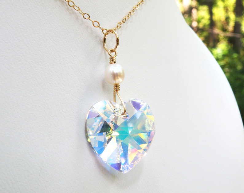 Crystal Heart Necklace, Gold Filled or Sterling Silver, Clear Diamond Swarovski Valentine Pendant, April or October Birthday Jewelry Gift image 1