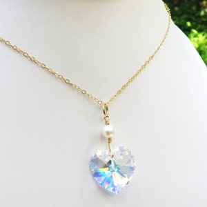 Crystal Heart Necklace, Gold Filled or Sterling Silver, Clear Diamond Swarovski Valentine Pendant, April or October Birthday Jewelry Gift image 4