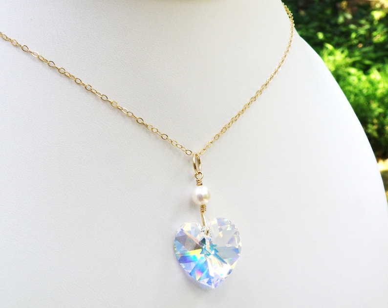 Crystal Heart Necklace, Gold Filled or Sterling Silver, Clear Diamond Swarovski Valentine Pendant, April or October Birthday Jewelry Gift image 4