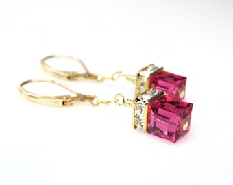 Teen Crystal Earrings, Gold Filled, Petite Ruby Swarovski Crystal Dangle, Fuchsia Junior Bridesmaids Wedding Jewelry, July Birthday Gift