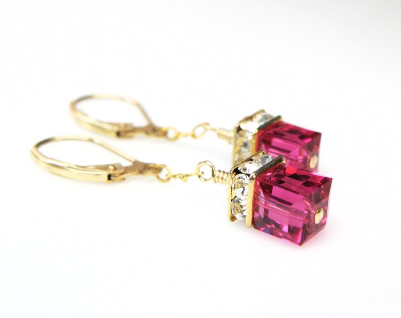 Teen Crystal Earrings, Gold Filled, Petite Ruby Swarovski Crystal Dangle, Fuchsia Junior Bridesmaids Wedding Jewelry, July Birthday Gift image 1