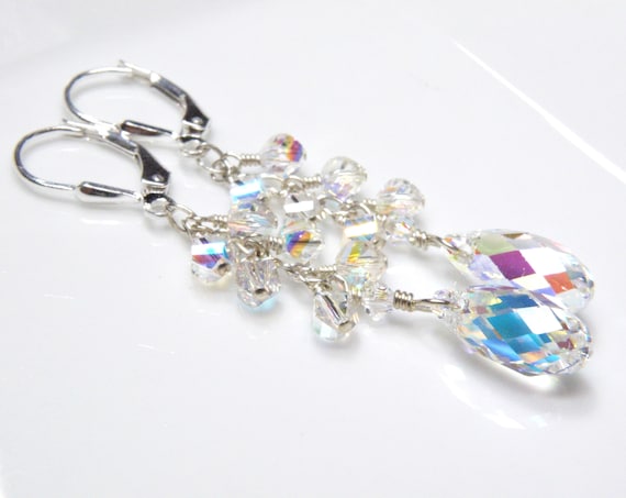 Crystal Cluster Earrings Teardrop Dangle Sterling Silver Crystal Cluster Earrings Teardrop Dangle Sterling Silver