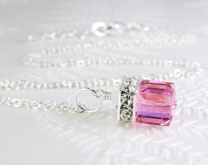 Pink Topaz Crystal Necklace, Sterling Silver, Gold Filled, Crystal Cube Jewelry, October Birthday Birthstone Gift, Spring Wedding image 2