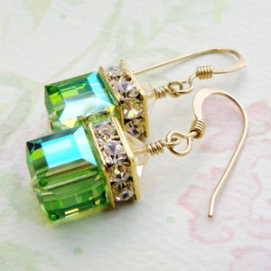 Peridot Green Earrings, Peridot Swarovski Crystal Cube, Gold Filled, Drop Earrings, Bridesmaid Wedding Jewelry, August Birthday Birthstone