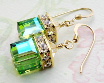 Peridot Green Earrings, Peridot Swarovski Crystal Cube, Gold Filled, Drop Earrings, Bridesmaid Wedding Jewelry, August Birthday Birthstone