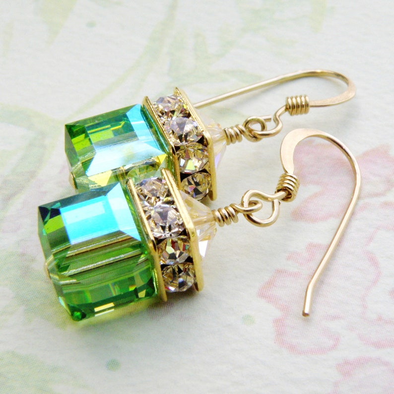 Peridot Green Earrings, Peridot Swarovski Crystal Cube, Gold Filled, Drop Earrings, Bridesmaid Wedding Jewelry, August Birthday Birthstone 