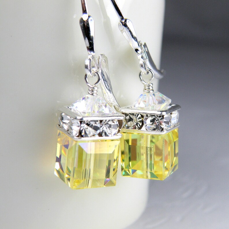 Lemon Yellow Crystal Cube Earrings, Sterling Silver, Gold Filled, Pale Citrine Swarovski Crystal Dangle Spring Wedding Jewelry November Gift image 4