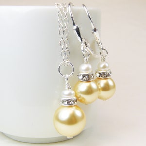Yellow Pearl Jewelry Set, Swarovski Crystals and Pearls, Sterling Silver or Gold Filled Bridesmaids Necklace and Earrings, Spring Wedding