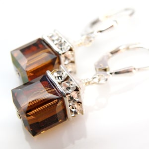 Boucles d&#39;oreilles chocolat, cube de cristal Swarovski marron, argent sterling, pendants d&#39;oreilles de mariée, bijoux de mariage automne, boucles d&#39;oreilles automne pour demoiselles d&#39;honneur