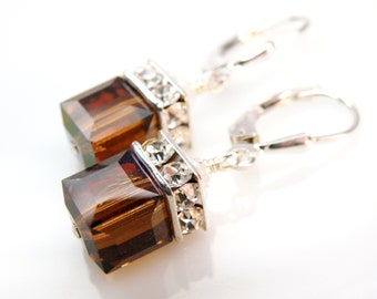 Chocolate Earrings, Brown Swarovski Crystal Cube, Sterling Silver, Drop Bridal Earrings, Fall Wedding Jewelry, Autumn Bridesmaids Earrings