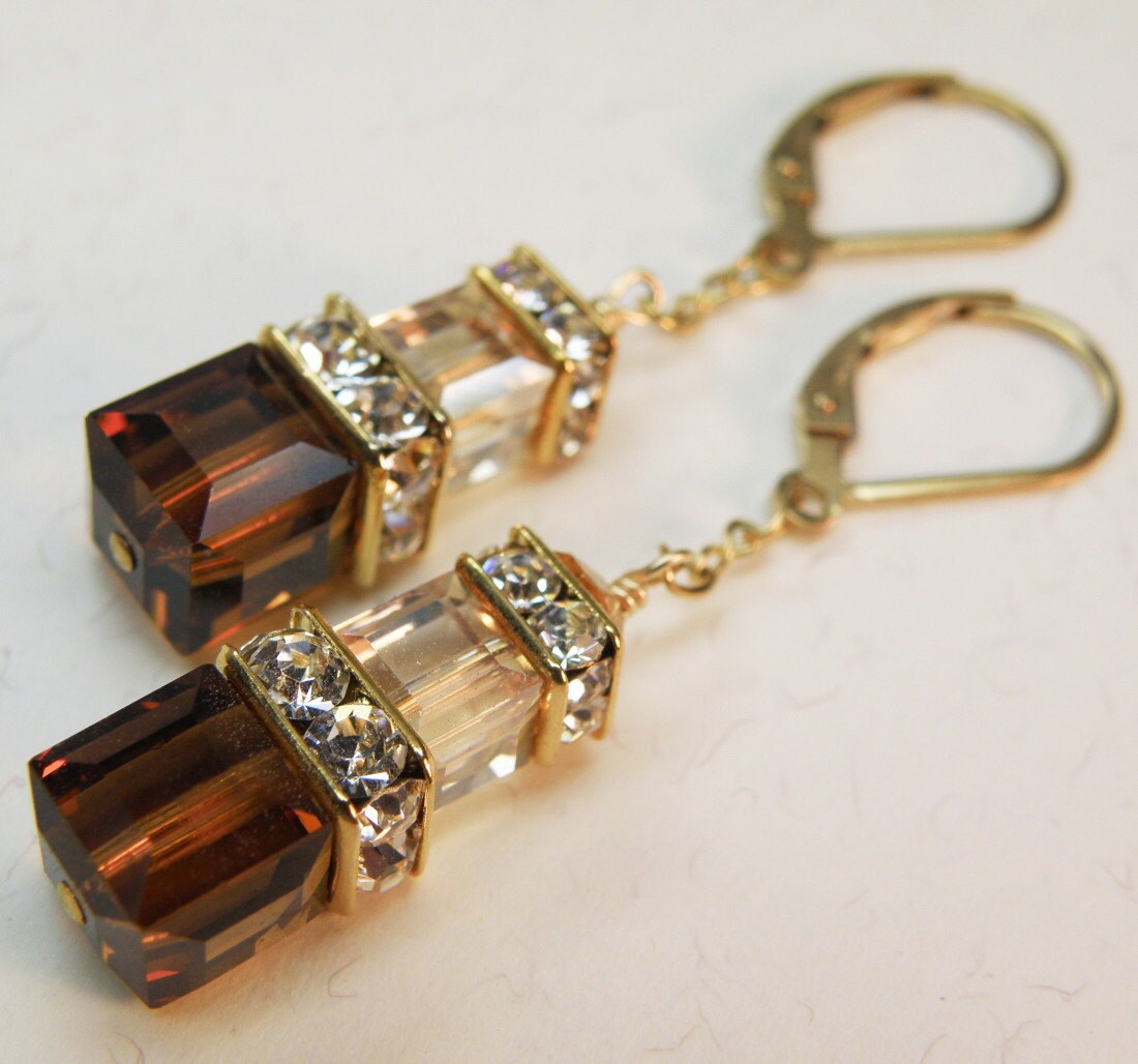 Chocolate Brown Earrings Dangle Swarovski Crystal Cube Gold Etsy