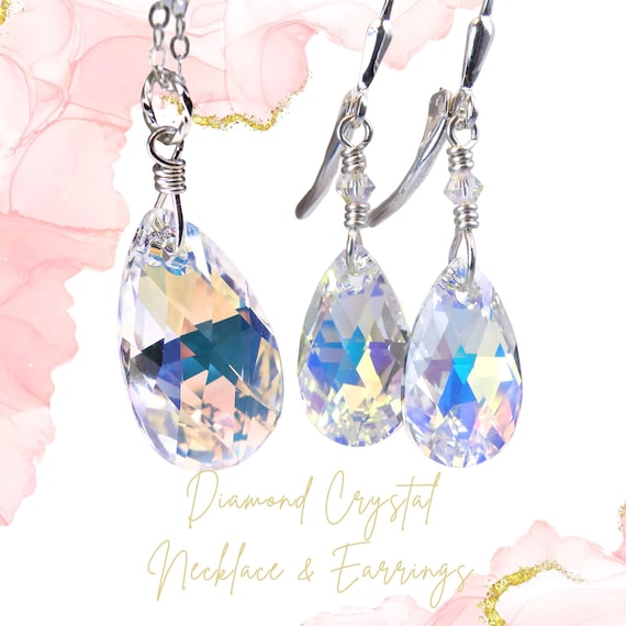 Teardrop Crystal Jewelry Set, Opal Necklace and Earrings, Sterling Silver, Bridesmaid Wedding, October Birthday Birthstone Gift