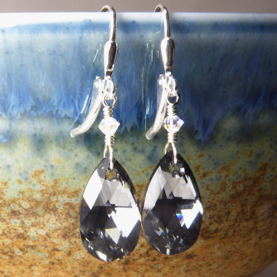 Teardrop Black Diamond Earrings Sterling Silver Swarovski | Etsy
