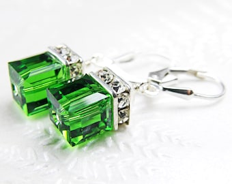 Light Emerald Swarovski Crystal Earrings, Sterling Silver, Cube Drop Earrings, Christmas Green Bridesmaid Wedding Jewelry, May Birthday Gift