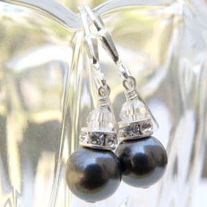 Short Drop Pearl Earrings, Charcoal Gray Crystal, Sterling Silver or Gold Filled, Black Pearl Bridesmaids Wedding Jewelry, Fall Fashion Gift