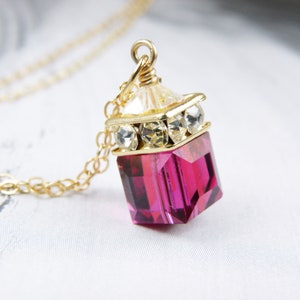 Ruby Crystal Necklace, Crystal Cube Pendant, Gold Filled, Sterling Silver, Fuchsia Wedding Jewelry, Bridesmaids Gift, July Birthday image 2