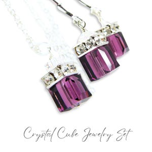 Amethyst Crystal Jewelry Set, Sterling Silver, Purple Cube Necklace and Earrings, February Birthday Gift for Women, Plum Wedding