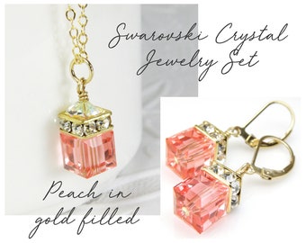 Peach Jewelry Set, Gold Filled, Crystal Cube Necklace and Earrings Bridesmaid Set, Orange Coral Jewelry, Spring Wedding Gift