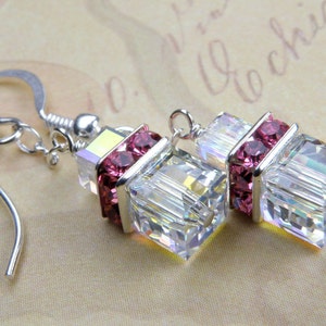Pink and Clear Cube Earrings, Petite Swarovski Crystal Square, Rose Rhinestone, Sterling Silver Dangle, Summer Wedding Handmade Jewelry Gift