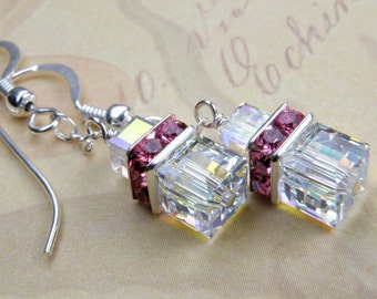 Pink and Clear Cube Earrings, Petite Swarovski Crystal Square, Rose Rhinestone, Sterling Silver Dangle, Summer Wedding Handmade Jewelry Gift