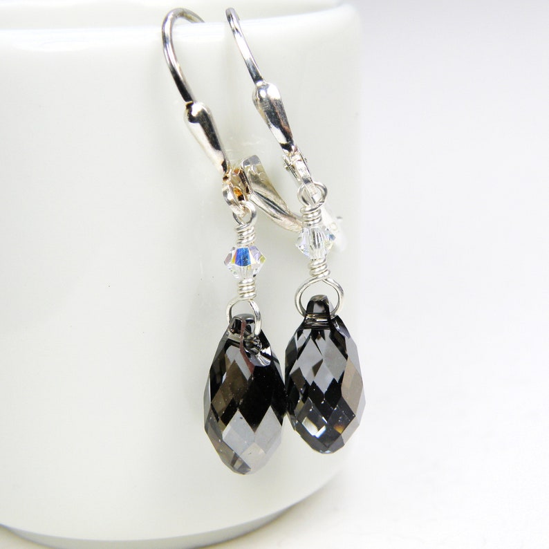 Charcoal Gray Crystal Earrings, Sterling Silver, Petite Teardrop Swarovski, Black Diamond Bridesmaids Dangle Earrings, Wedding Jewelry Gift image 1
