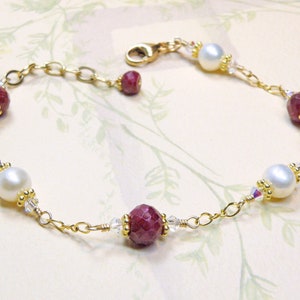 Dainty Ruby and Pearl Bracelet, Gold Filled, Real Ruby Stone White Freshwater Pearl Station Jewelry, July Birthstone, Women Birthday Gift