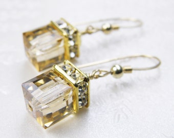 Yellow Crystal Dangle Earrings, Gold Filled, Sterling Silver, Swarovski Rhinestone Cube, Champagne Wedding Jewelry, November Birthday Gift