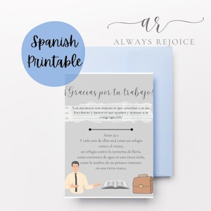 May include: A printable card with a grey background and a white border. The card features a cartoon illustration of a person holding a book and a briefcase. The text on the card reads "¡Gracias por tu trabajo!" and includes a Bible verse from Isaiah 32:2. The card is designed to be used as a thank you card for someone who has done a good job.