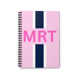 May include: Pink spiral notebook with a white and navy blue stripe design and the letters "MRT" in pink.