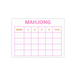 Puede incluir: Una hoja de puntuación de Mahjong blanca con una cuadrícula y texto rosas. La palabra "MAHJONG" está en una fuente degradada rosa y naranja en la parte superior. Debajo, la hoja tiene columnas etiquetadas como "NAME", "1", "2", "3", "4" y "TOTAL".