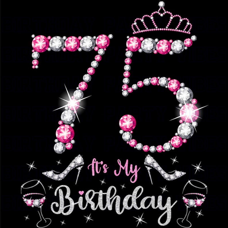 75th Birthday Rhinestone Design: Crown & Hearts (PNG Transparent ...