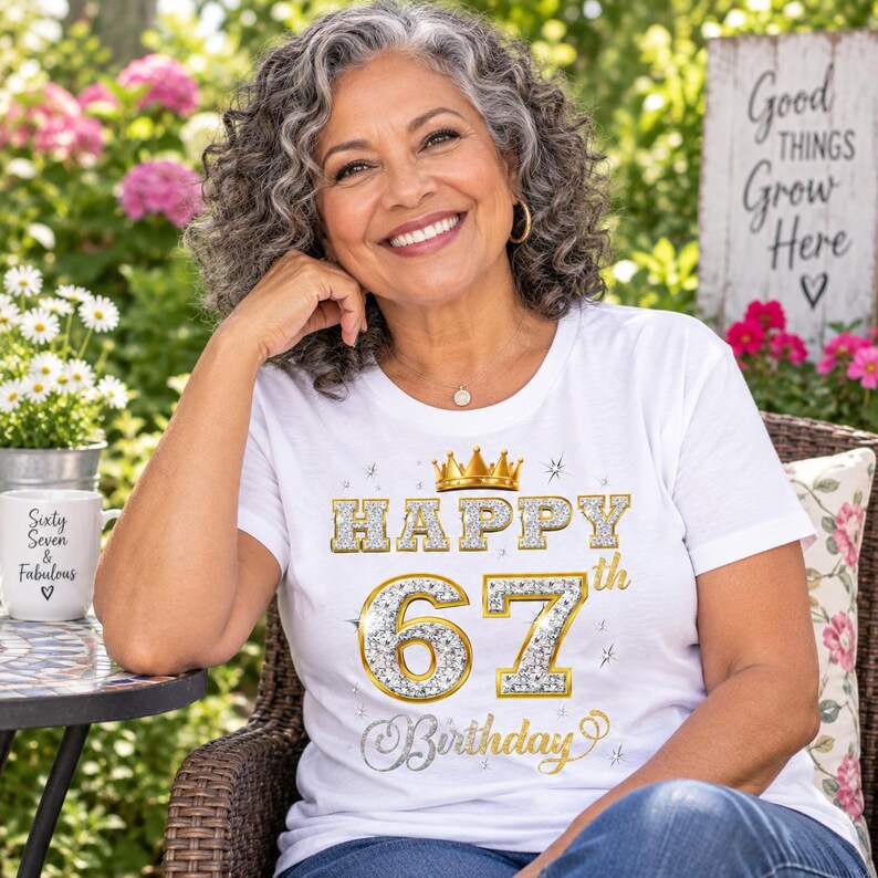 May include: A white short-sleeved t-shirt featuring a gold crown graphic above the text Happy 67th Birthday in a glittery silver and gold font. The design includes small star accents. A white mug with the text Sixty Seven & Fabulous is visible.