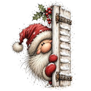 May include: A cartoon illustration of Santa Claus wearing a red hat with white fur trim, peeking from behind a weathered wooden shutter. Santa has a long white beard, red mittens, and is surrounded by holly berries and falling snow.