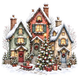 May include: A cluster of three snow-covered houses with brick chimneys, lit windows, and green shutters. A large, decorated Christmas tree stands in the centre, surrounded by wrapped gifts and a red wooden sled on the snow-covered ground.