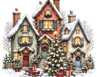 May include: A cluster of three snow-covered houses with brick chimneys, lit windows, and green shutters. A large, decorated Christmas tree stands in the center, surrounded by wrapped gifts and a red wooden sled on the snow-covered ground.