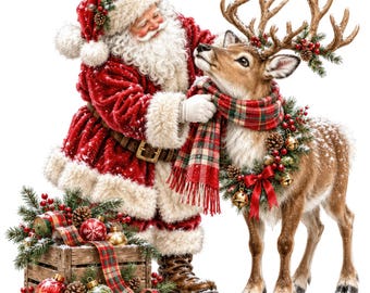 Könnte beinhalten: Der Weihnachtsmann in einem roten Samtanzug mit weißem Pelzbesatz und passender Mütze passt einem Rentier einen rot-grün karierten Schal an. Das Rentier hat ein großes Geweih, das mit Tannenzweigen und Beeren geschmückt ist. Eine Holzkiste mit Weihnachtskugeln steht daneben.