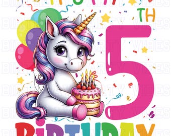 5e anniversaire de licorne PNG : conception de gâteaux et de ballons (téléchargement numérique)