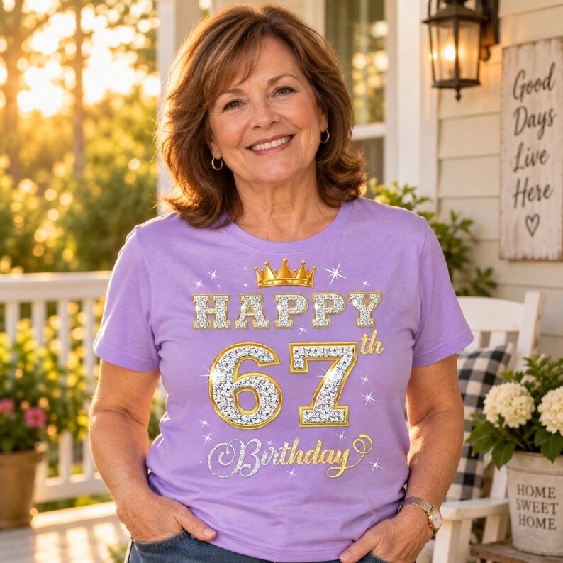 May include: A light purple short-sleeve t-shirt featuring a graphic print with a gold crown above the text HAPPY 67 Birthday. The numbers 67 and the word HAPPY are rendered in a sparkling diamond-like texture with gold outlines.