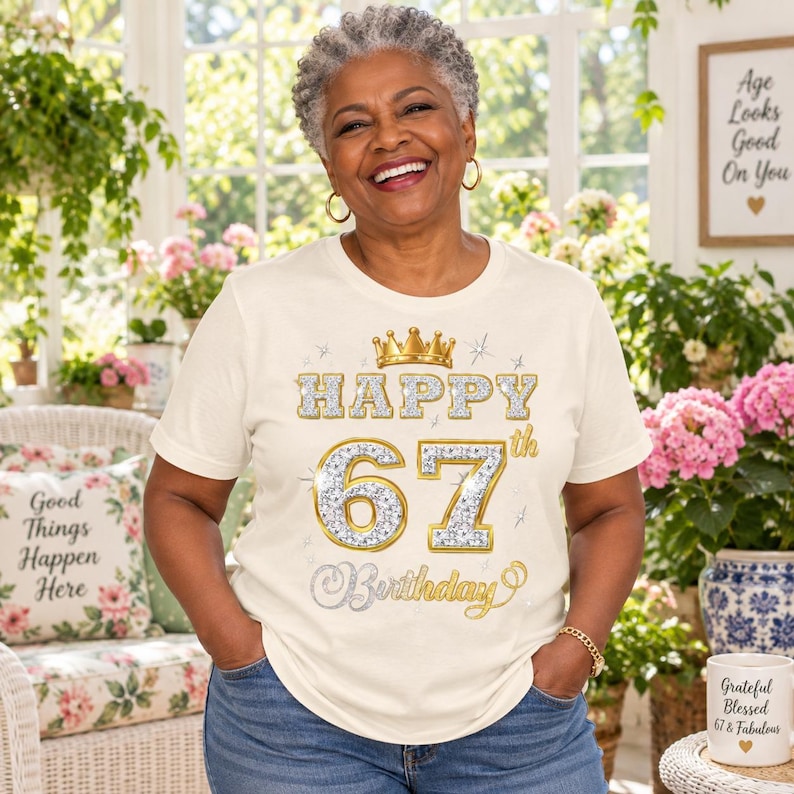 May include: A cream-colored t-shirt featuring a gold crown graphic above the text HAPPY 67th Birthday. The numbers 67 are rendered in a sparkling diamond-like texture with gold outlines, surrounded by small star accents on the front of the shirt.