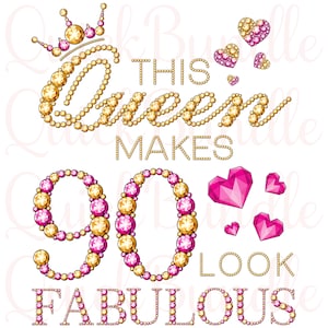 Op de afbeelding: Een digitale afbeelding met de tekst "This Queen Makes 90 Look Fabulous". Het ontwerp bevat een kroon, harten en het getal 90, allemaal versierd met gouden en roze edelstenen. Het thema is een verjaardagsviering.