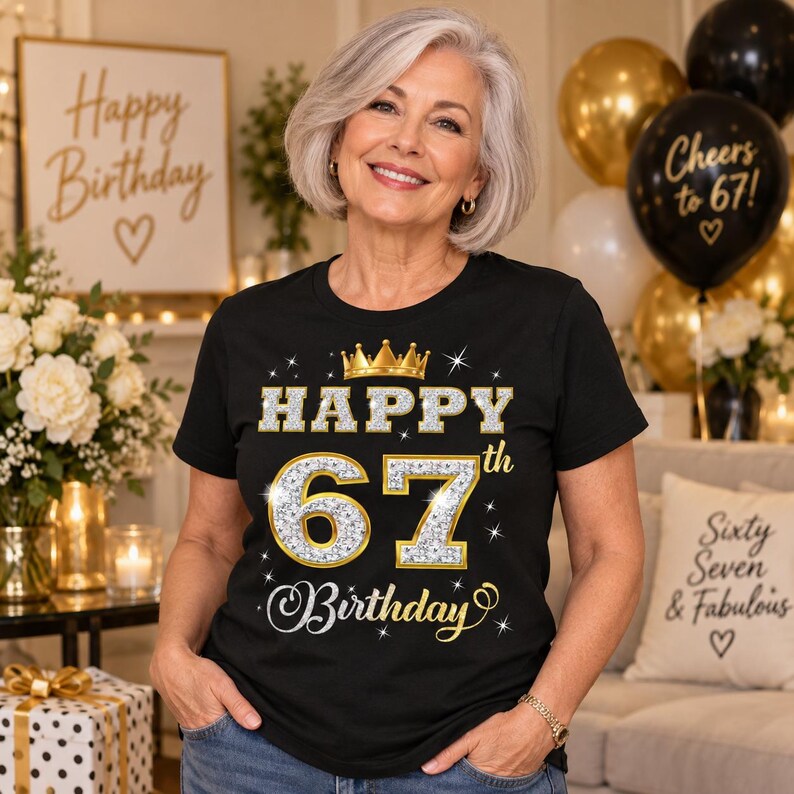 May include: A black short-sleeve t-shirt featuring a graphic print with a gold crown above the text HAPPY 67th Birthday. The numbers 67 are filled with a silver glitter texture, and the word Birthday is written in a gold cursive script font.