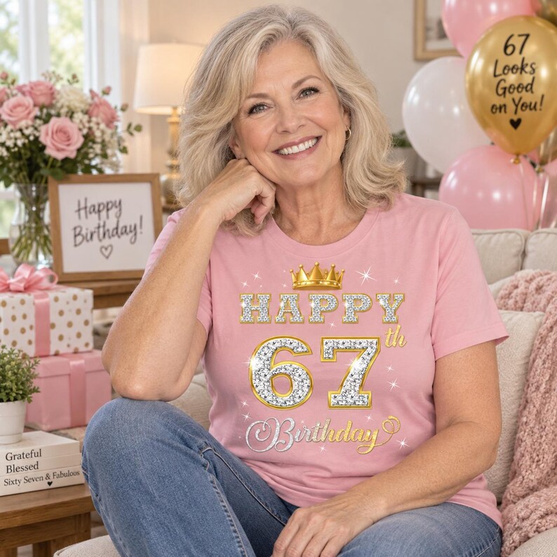 May include: A light pink short-sleeved t-shirt featuring a graphic print with a gold crown and the text HAPPY 67th Birthday in a sparkling diamond-like pattern. The design includes gold accents and small starburst details on the front of the shirt.