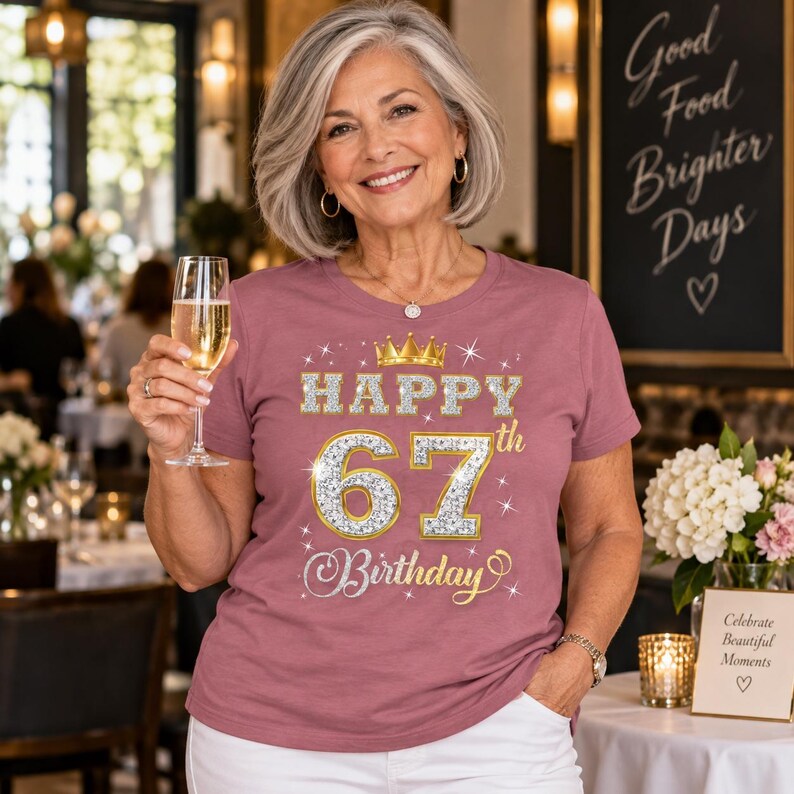 May include: A mauve short-sleeved t-shirt featuring a graphic print with a gold crown and the text "HAPPY 67th Birthday" in a sparkling silver and gold diamond-like pattern, accented with small white starbursts across the front design.