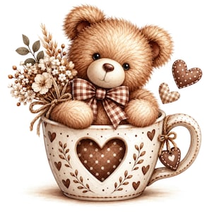 Puede incluir: Un oso de peluche marrón y esponjoso sentado dentro de una taza de cerámica color crema decorada con corazones marrones y motivos florales. El oso lleva una pajarita de cuadros marrones y blancos y sostiene un ramo de flores secas. Dos corazones flotan.