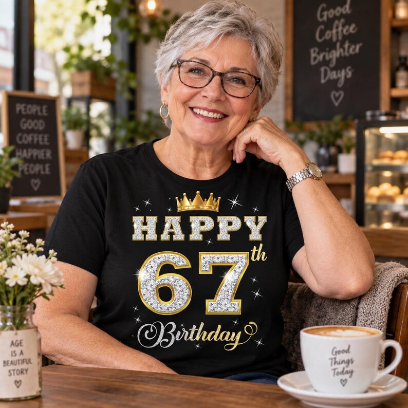 May include: A black short-sleeved t-shirt featuring a graphic design with a gold crown above the text HAPPY 67th Birthday. The numbers 67 are rendered in a silver glitter texture with gold outlines, surrounded by small white star accents on the fabric.