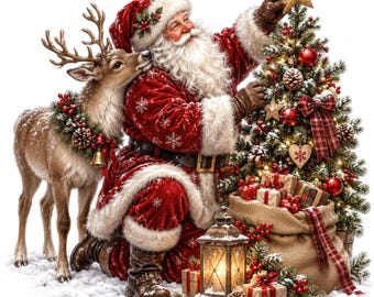 Könnte beinhalten: Der Weihnachtsmann im roten Samtanzug mit weißem Pelzbesatz kniet neben einem Rentier mit Kranz. Er setzt einen goldenen Stern auf einen geschmückten Weihnachtsbaum. Ein Geschenkesack aus Jute und eine leuchtende Laterne stehen im Schnee.