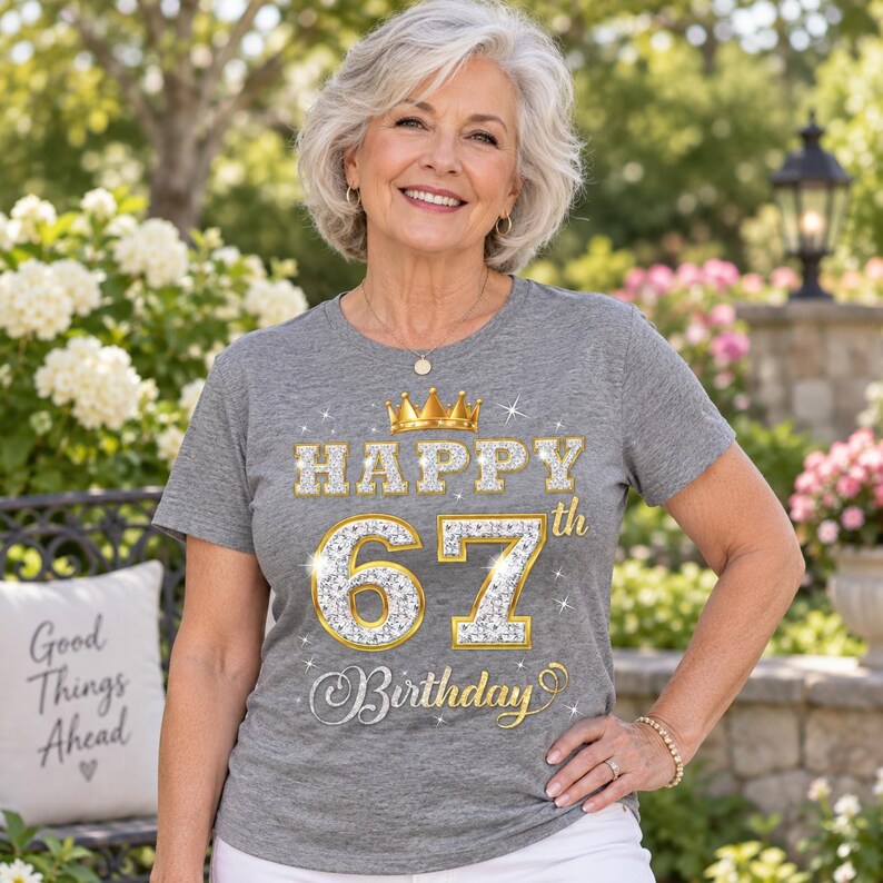 May include: A heather gray short-sleeve t-shirt featuring a gold crown graphic above the text "HAPPY 67th Birthday" in a sparkling, diamond-like font with gold outlines. The design includes small star accents and elegant cursive lettering.