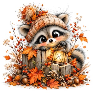 May include: A raccoon with large dark eyes wears a tan knit beanie with a pom-pom, resting on a wooden stump. It holds a glowing lantern surrounded by orange autumn leaves, red berries, and brown acorns against a white background.