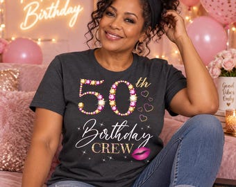 50e verjaardag PNG-clipart – Verjaardagsteam roze en goudkleurig bedrukt met strass-effect voor T-shirts, mokken, sublimatie, DTF